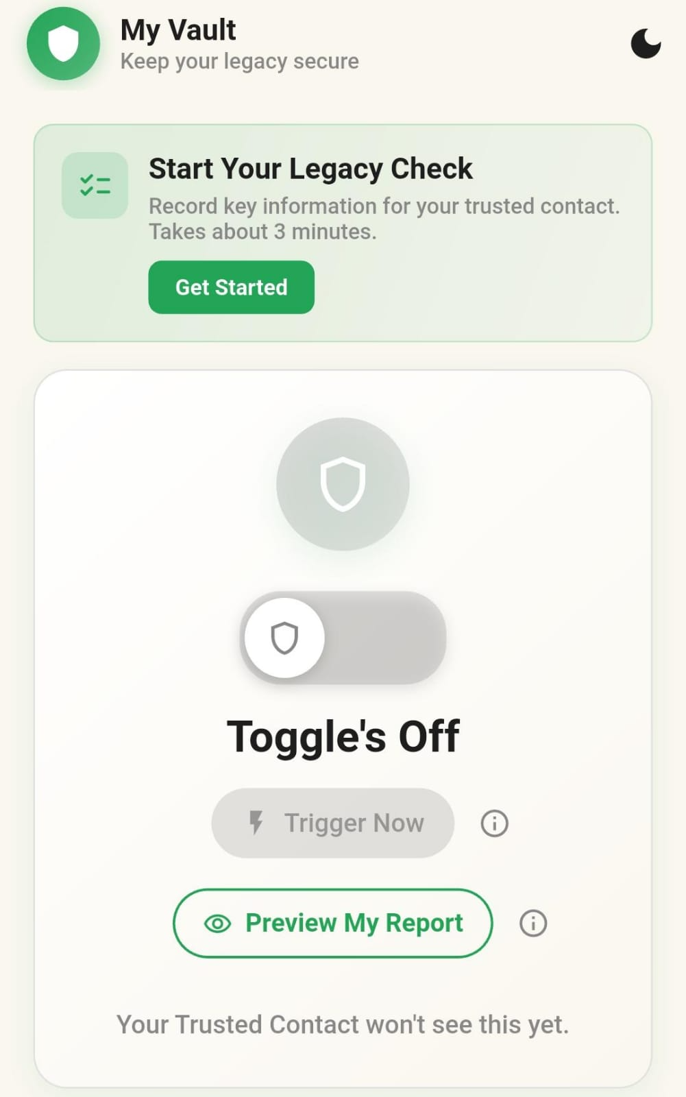 Say It Last My Vault app screen with the Toggle off